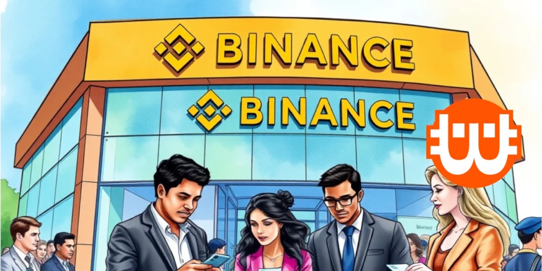 A binance székháza elött nézik az emberek a telefonjukat