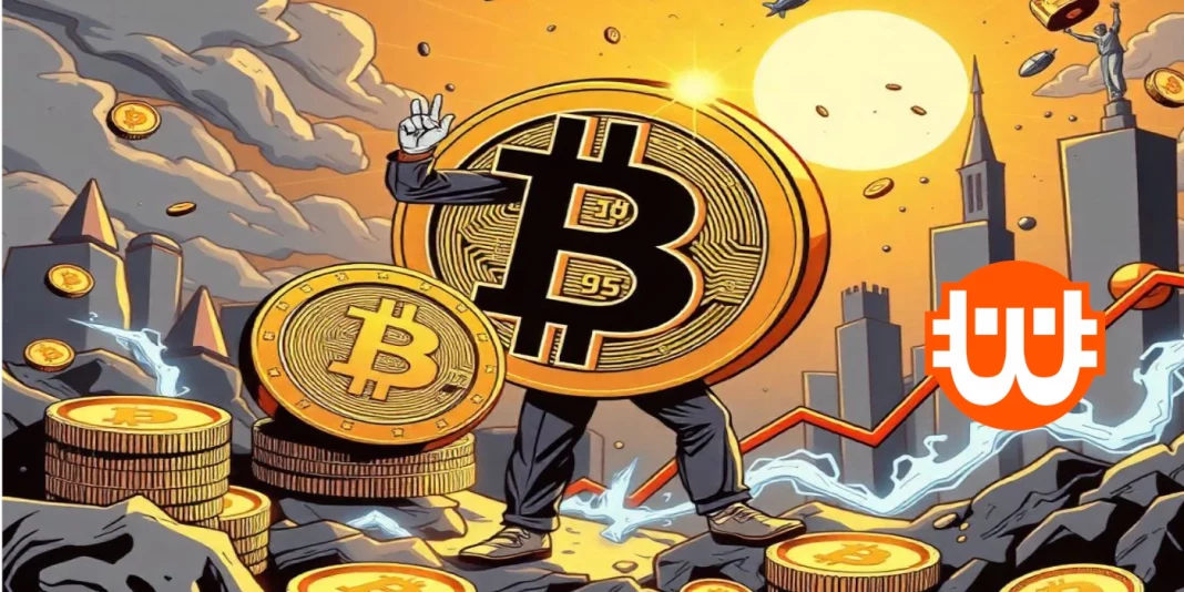 egy bitcoin érme emberfigurába öltözve